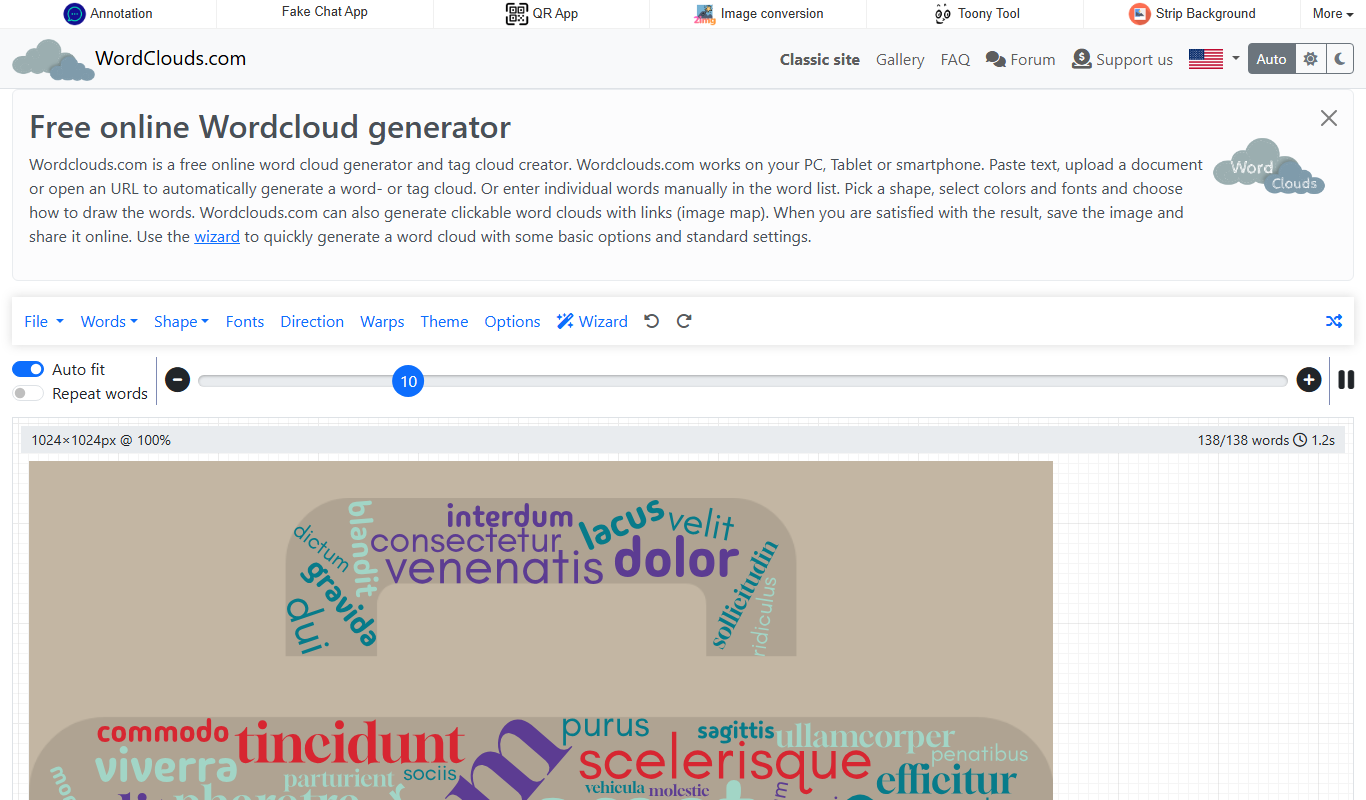 Screenshot of the Wordcloud Generator interface