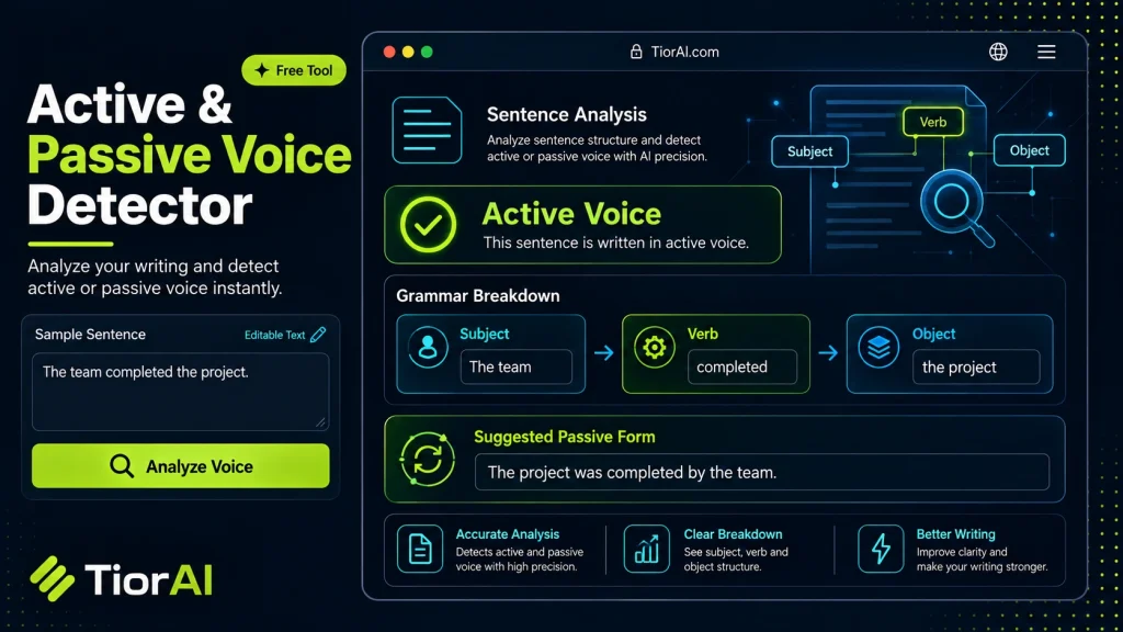 Active / Passive Voice Detector free online tool by TiorAI - interface preview