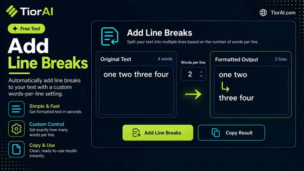 Add Line Breaks free online tool by TiorAI. Insert line breaks by sentence, paragraph, or every N words