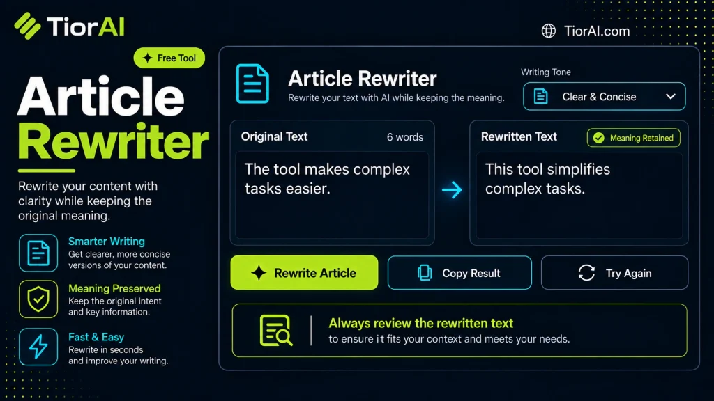 Article Rewriter free online tool by TiorAI - interface preview
