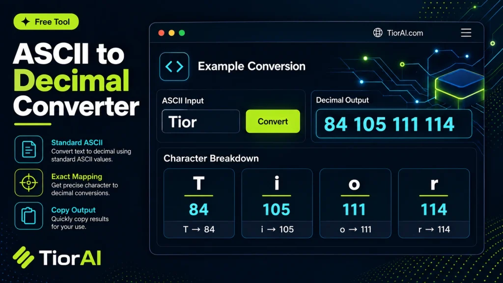 ASCII To Decimal Converter free online tool by TiorAI. Convert text characters into their corresponding ASCII decimal values