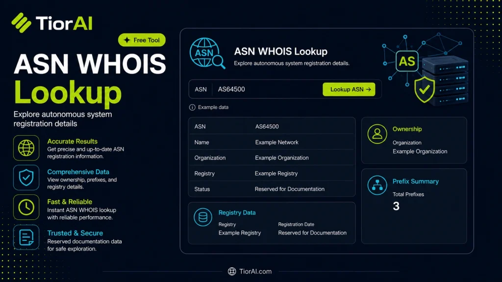 ASN Whois Lookup free online tool by TiorAI - interface preview