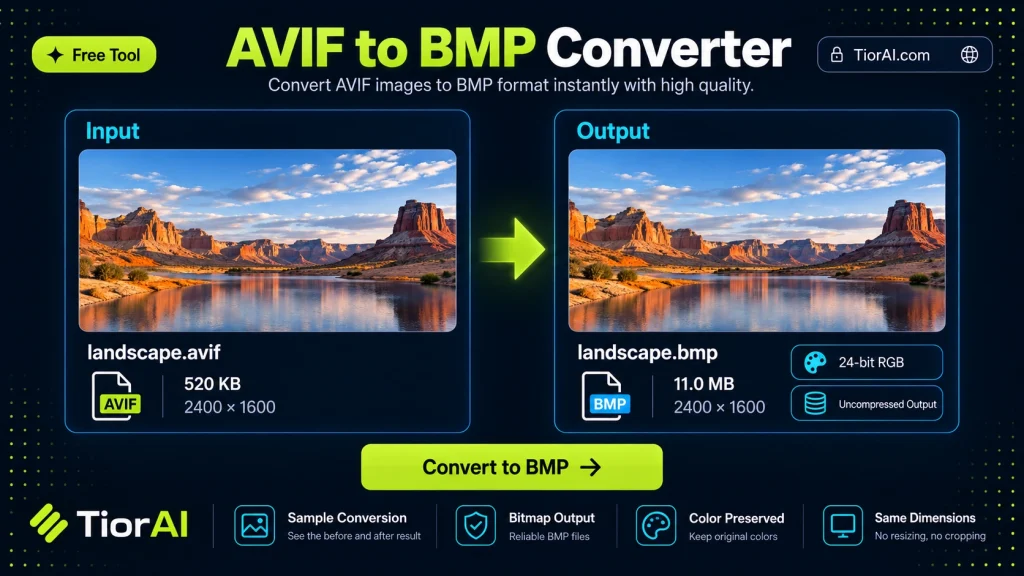 AVIF to BMP Converter free online tool by TiorAI. Convert AVIF images to BMP format
