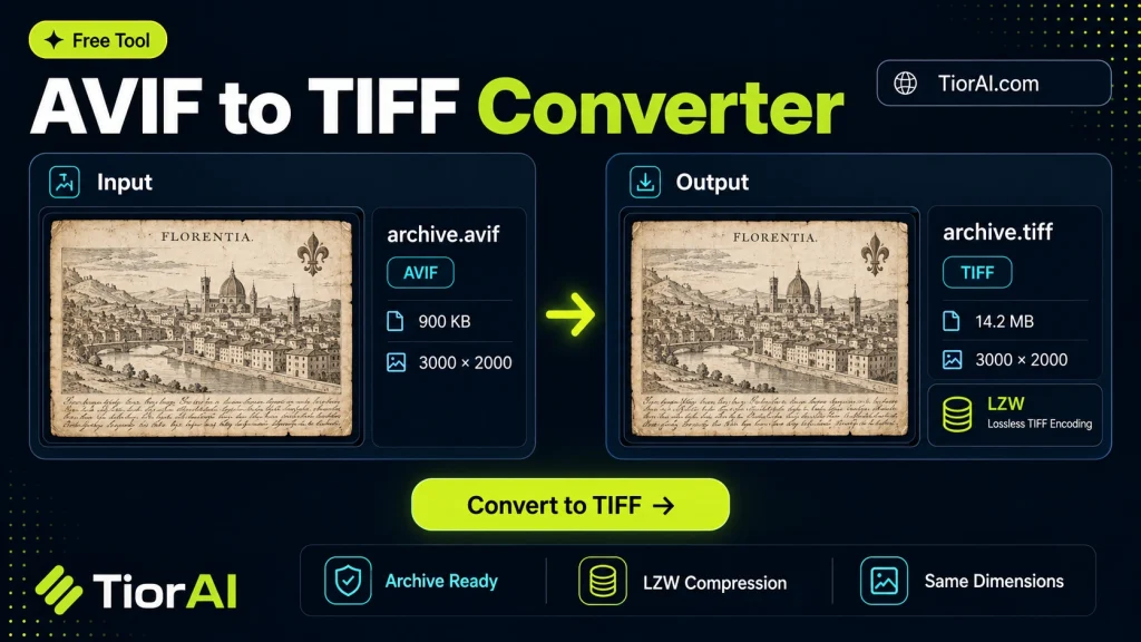 AVIF to TIFF Converter free online tool by TiorAI. Convert AVIF images to TIFF format