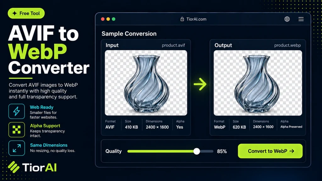 AVIF to WEBP Converter free online tool by TiorAI. Convert AVIF images to WEBP format