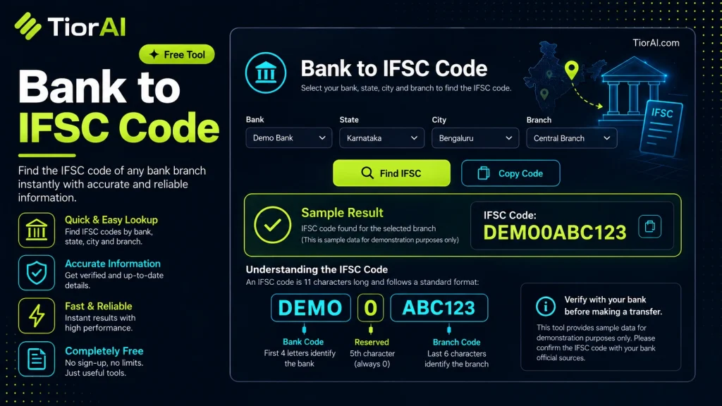 Bank to IFSC Code free online tool by TiorAI - interface preview