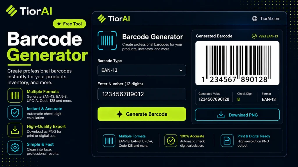 Barcode Generator free online tool by TiorAI - interface preview