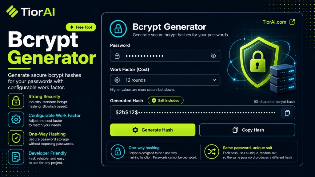 Bcrypt Hash Generator free online tool by TiorAI - interface preview