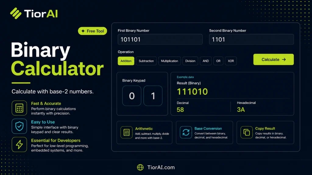 Binary Calculator free online tool by TiorAI. Perform arithmetic and bitwise operations on binary numbers