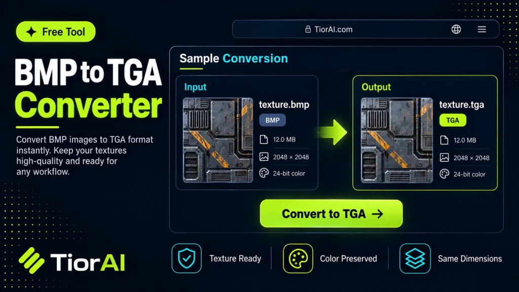 BMP to TGA Converter free online tool by TiorAI. Convert BMP images to TGA format