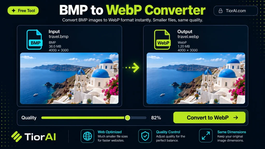 BMP to WEBP Converter free online tool by TiorAI. Convert BMP images to WEBP format
