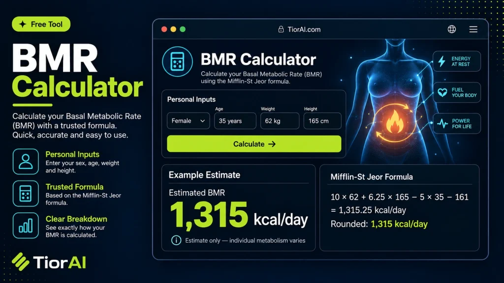 BMR Calculator free online tool by TiorAI. Calculate your Basal Metabolic Rate (BMR) using the Mifflin-St Jeor equation