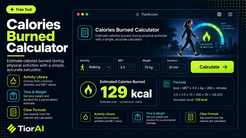 Calories Burned Calculator free online tool by TiorAI - interface preview