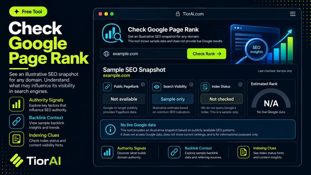 Google PageRank Checker free online tool by TiorAI. Check the Google PageRank score of any website