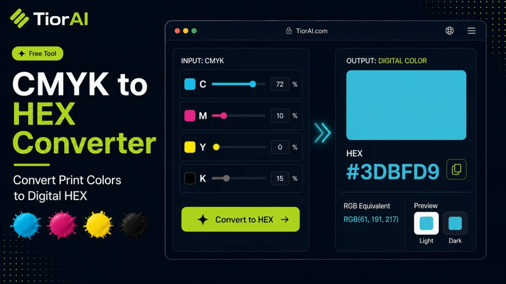 CMYK to HEX Converter free online tool by TiorAI. Convert a CMYK ink percentage set into its HEX and RGB equivalents