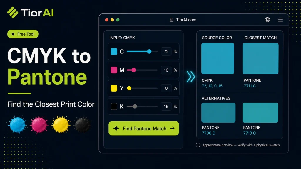 CMYK to Pantone free online tool by TiorAI. Estimate the nearest Pantone value from a CMYK ink percentage set