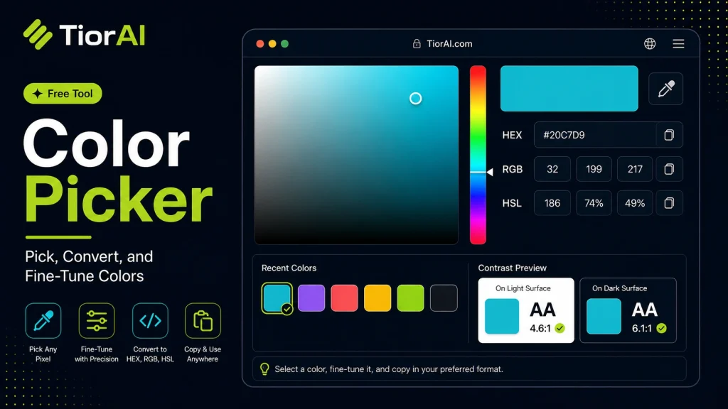 Color Picker Tool free online tool by TiorAI. Pick a colour or type a HEX value, then convert it to RGB, HSL, HSV and CMYK