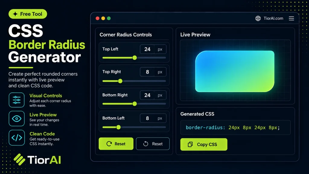 CSS Border Radius Generator free online tool by TiorAI - interface preview