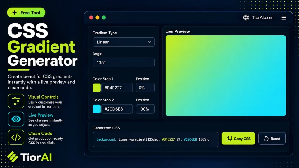 CSS Gradient Generator free online tool by TiorAI - interface preview