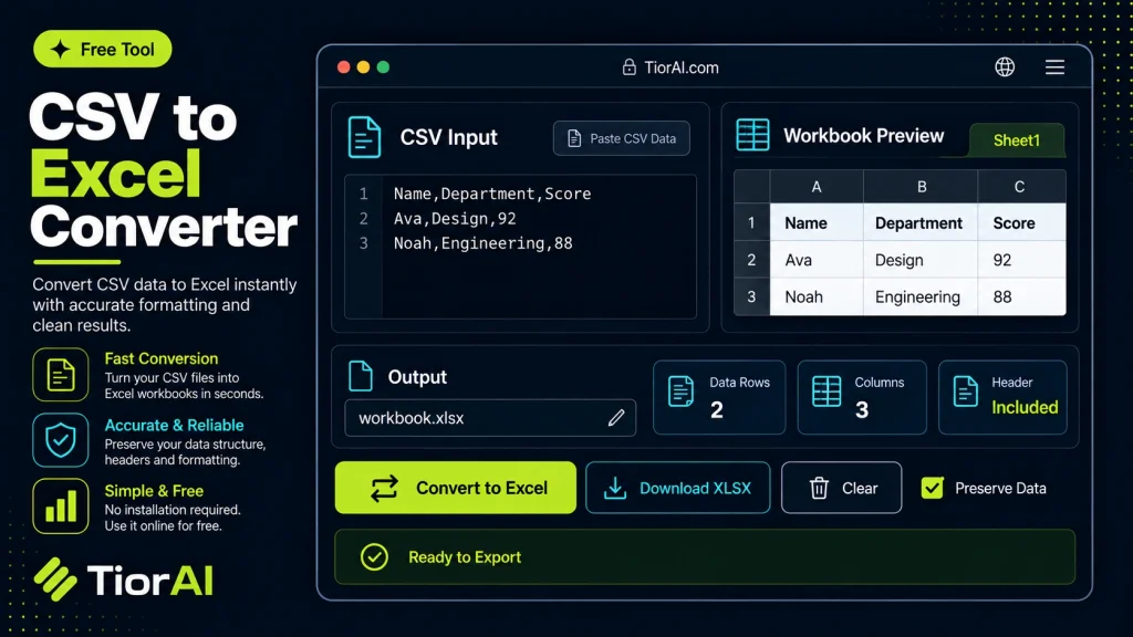 CSV to Excel Converter free online tool by TiorAI - interface preview