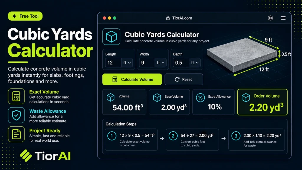 Cubic Yards Calculator free online tool by TiorAI - interface preview