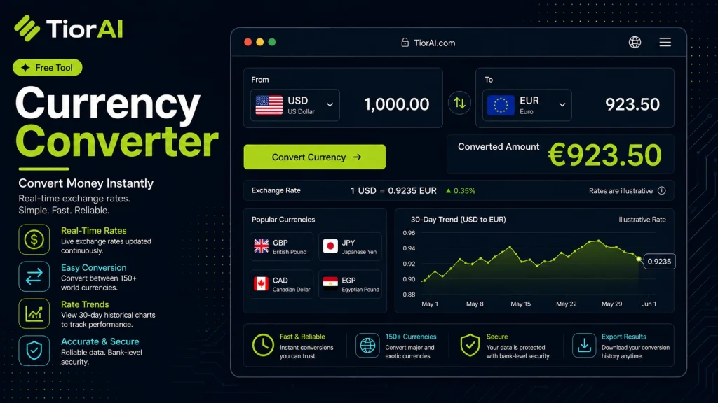 Currency Converter free online tool by TiorAI. Convert amounts between different currencies with live exchange rates