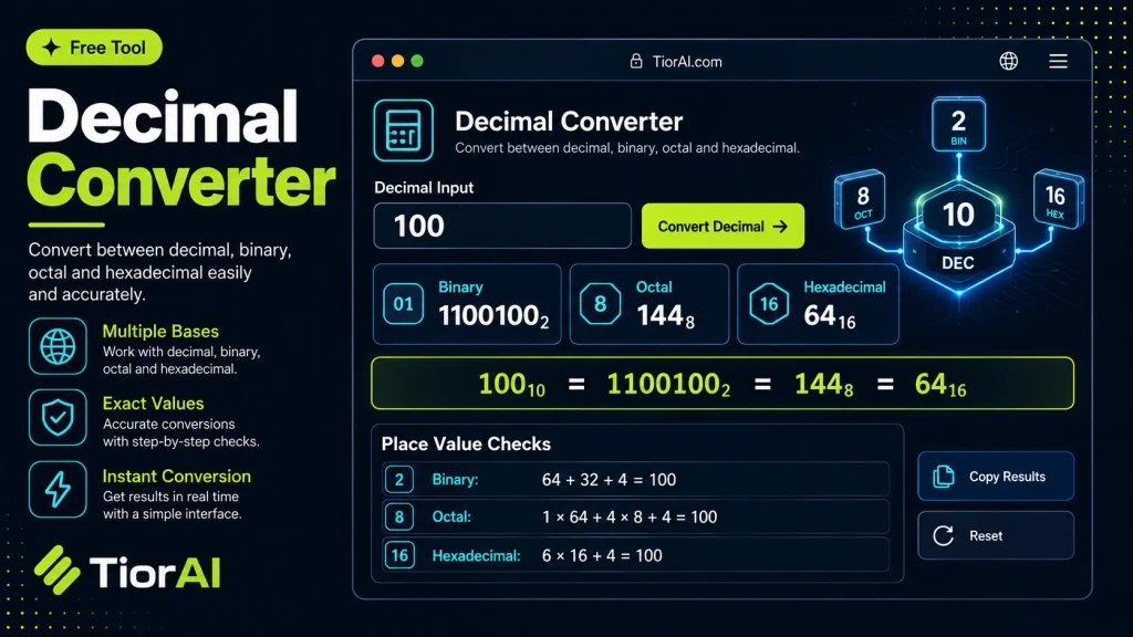 Decimal Converter free online tool by TiorAI - interface preview