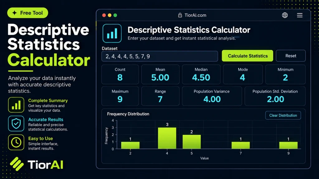 Descriptive Statistics Calculator free online tool by TiorAI - interface preview