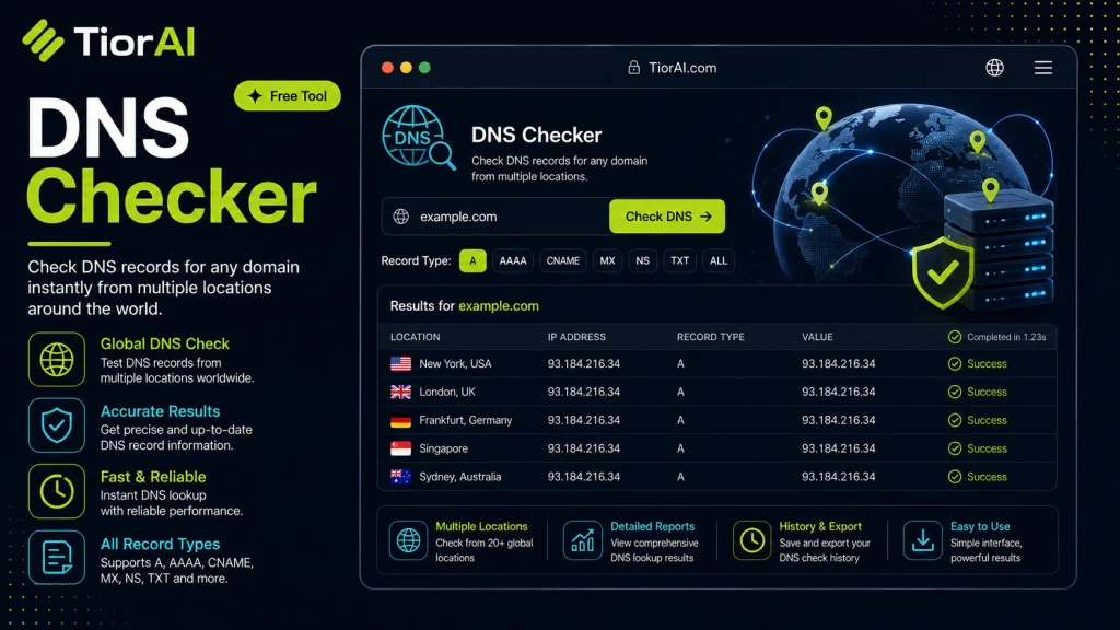 DNS Checker free online tool by TiorAI. Look up the live DNS records of any domain over DNS-over-HTTPS