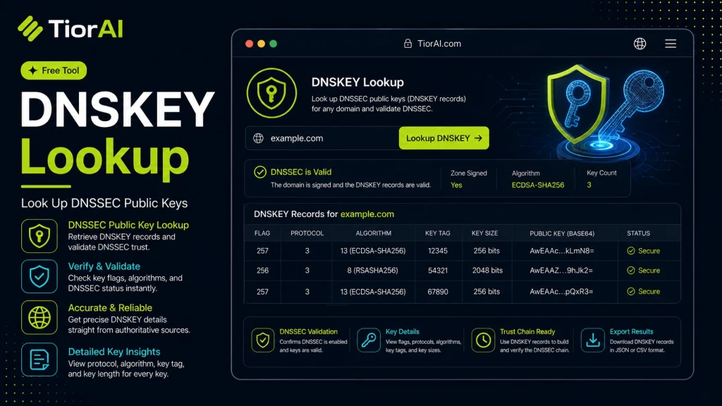 DNSKEY Lookup free online tool by TiorAI - interface preview