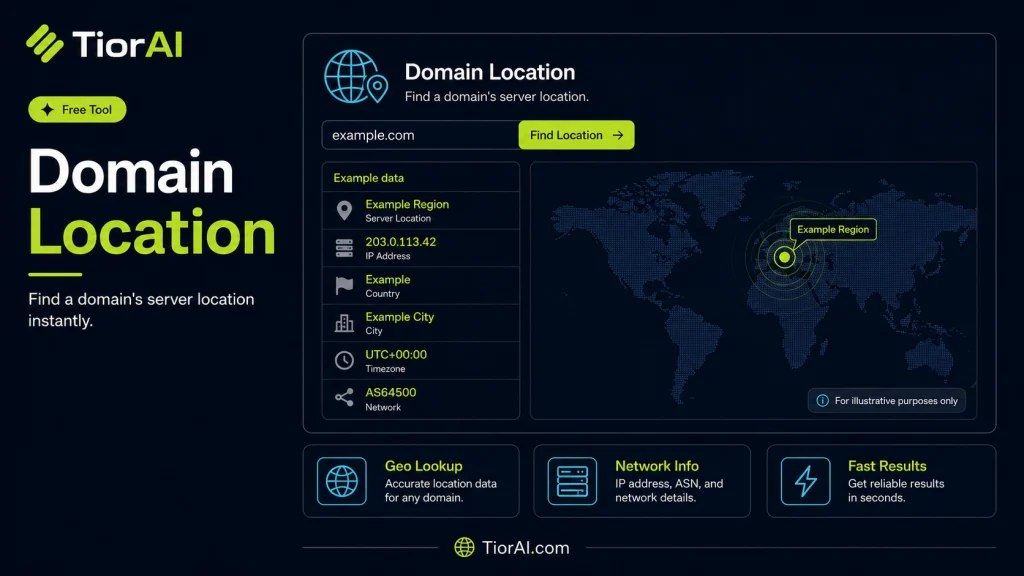 Domain Location free online tool by TiorAI. Find the geographic location and server details of any domain