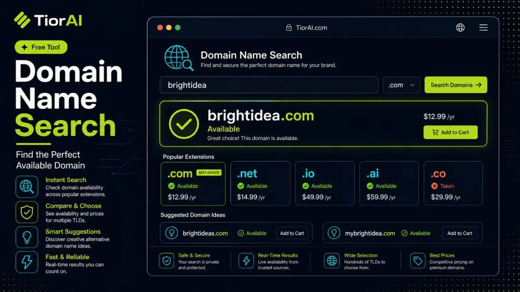Domain Name Search free online tool by TiorAI - interface preview