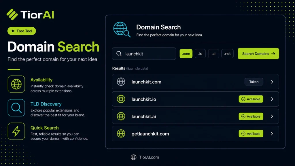 Domain Search free online tool by TiorAI - interface preview
