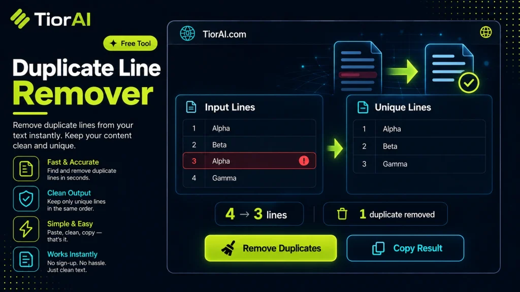 Duplicate Line Remover free online tool by TiorAI - interface preview