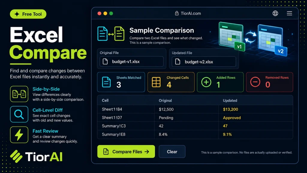 Excel Compare free online tool by TiorAI - interface preview