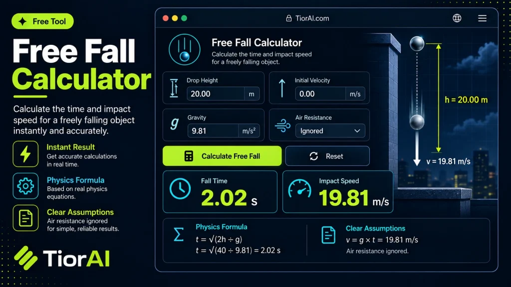 Free Fall Calculator free online tool by TiorAI - interface preview
