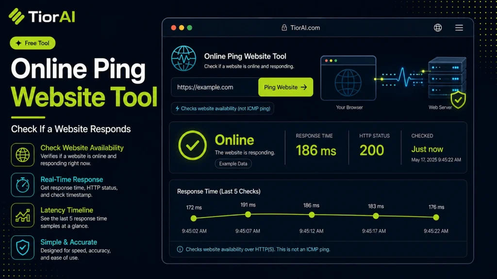 Online Ping Website free online tool by TiorAI. Ping a website to check if it is online and measure response time