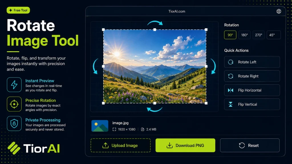 Rotate Image Tool free online tool by TiorAI. Rotate an image in your browser and download the adjusted copy