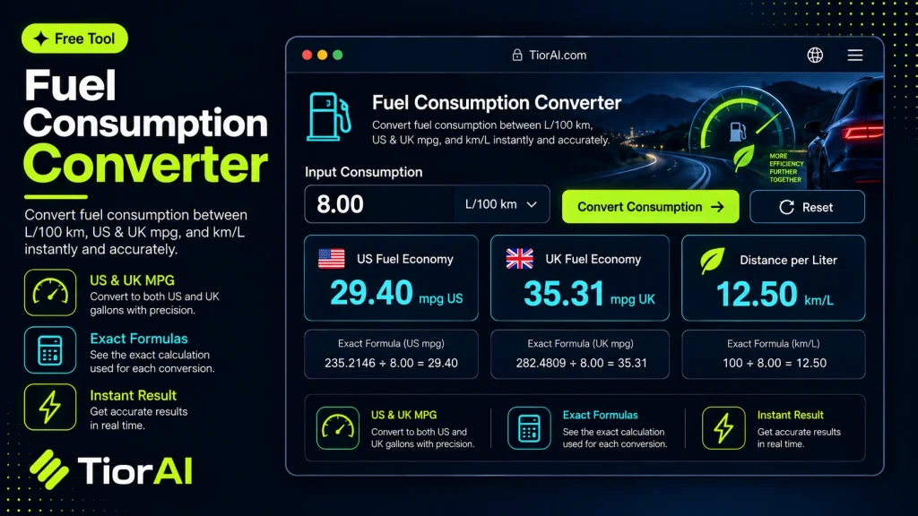 Fuel Consumption Converter free online tool by TiorAI - interface preview