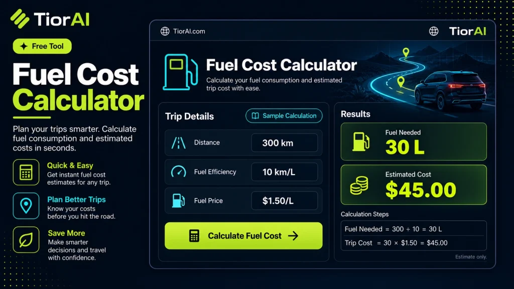 Fuel Cost Calculator free online tool by TiorAI. Estimate fuel cost for your road trip or daily commute