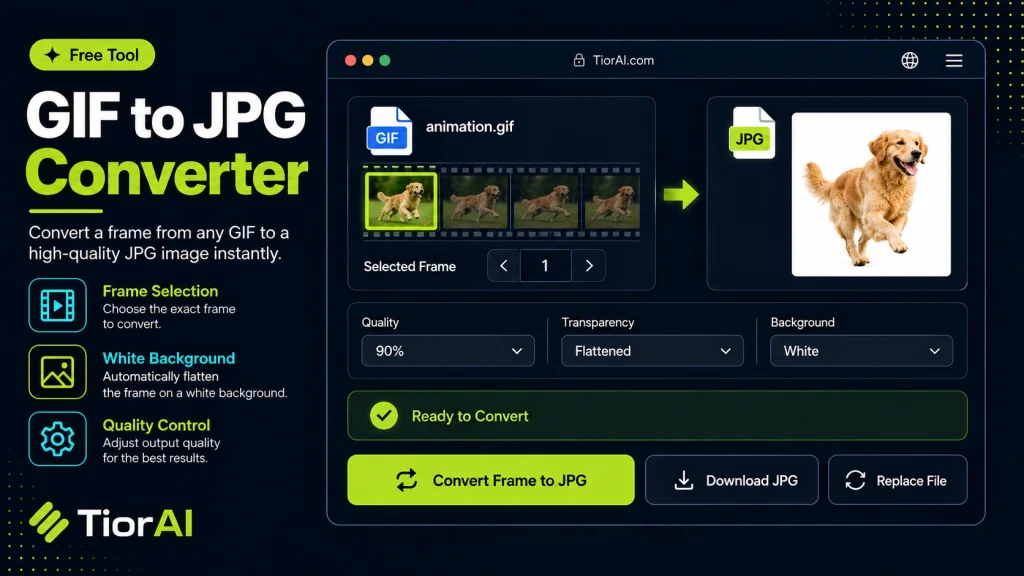 GIF to JPG Converter free online tool by TiorAI. Convert GIF images to JPG format