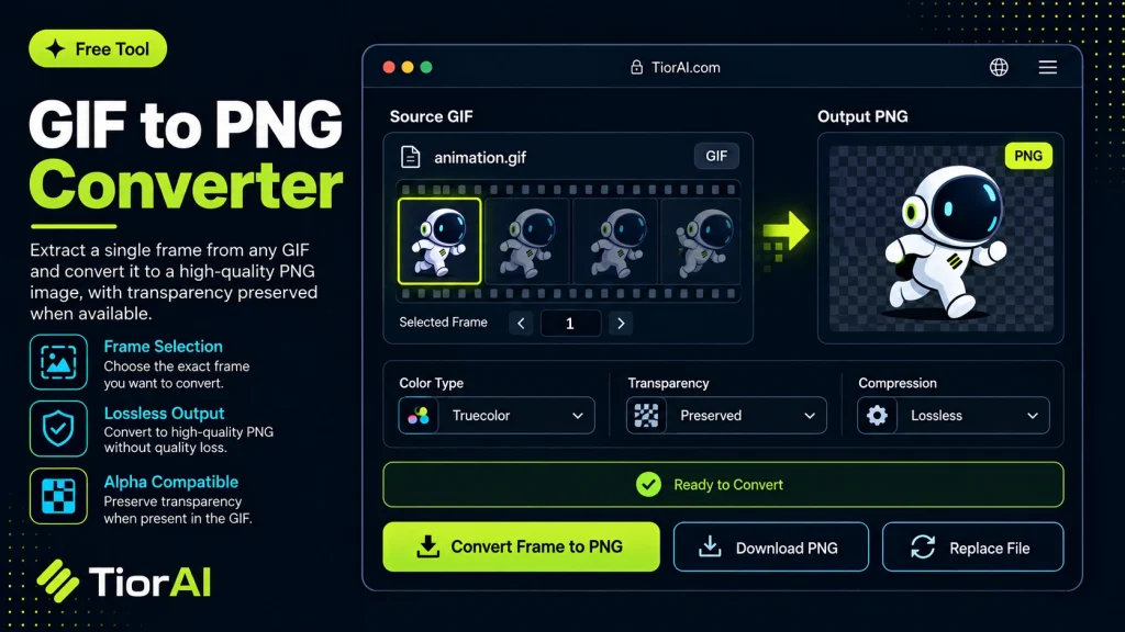 GIF to PNG Converter free online tool by TiorAI. Convert GIF images to PNG format