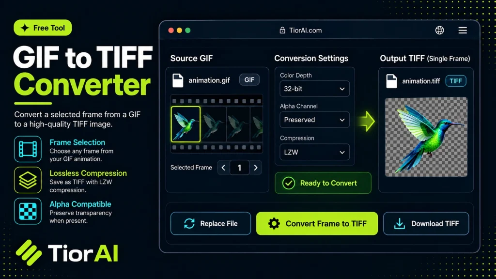 GIF to TIFF Converter free online tool by TiorAI. Convert GIF images to TIFF format