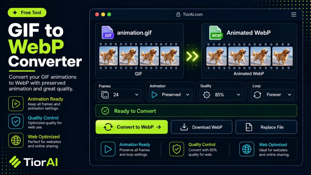 GIF to WEBP Converter free online tool by TiorAI. Convert GIF images to WEBP format