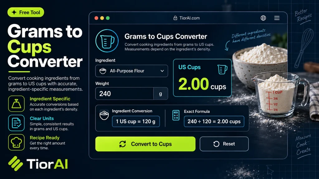 Grams to Cups Converter free online tool by TiorAI - interface preview