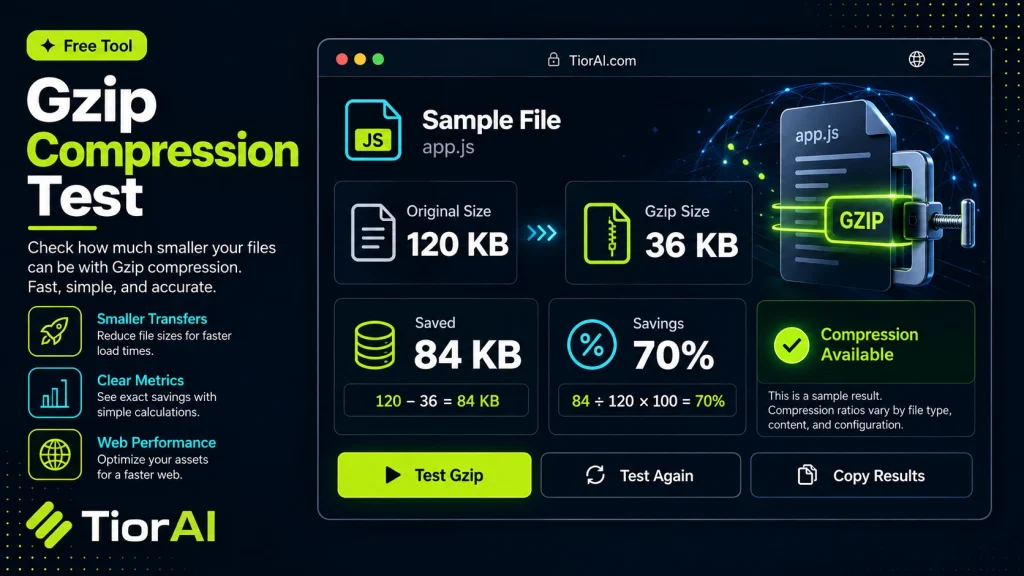 Gzip Compression Test free online tool by TiorAI - interface preview