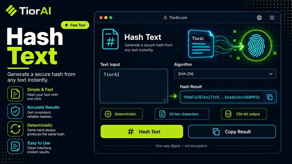Hash Text free online tool by TiorAI - interface preview