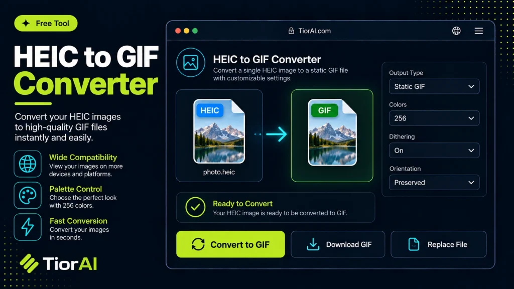 HEIC to GIF Converter free online tool by TiorAI. Convert HEIC images to GIF format