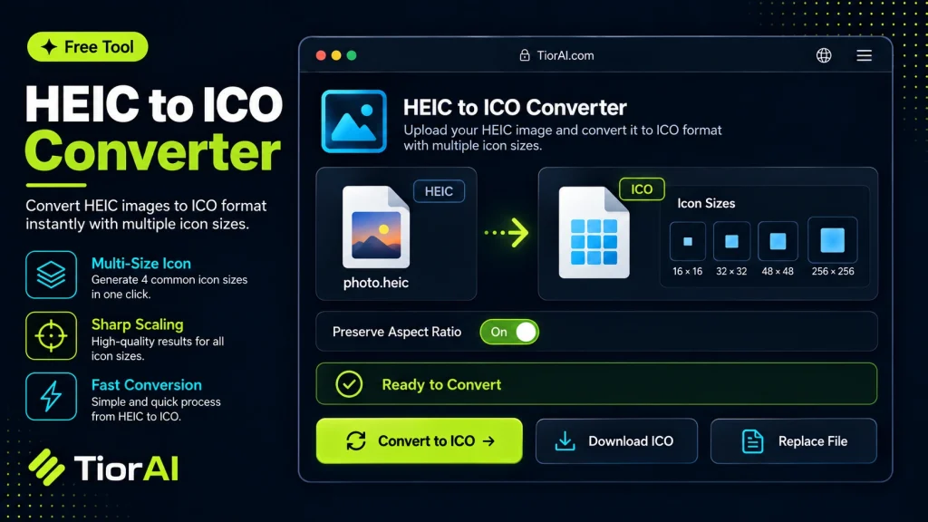 HEIC to ICO Converter free online tool by TiorAI. Convert HEIC images to ICO format