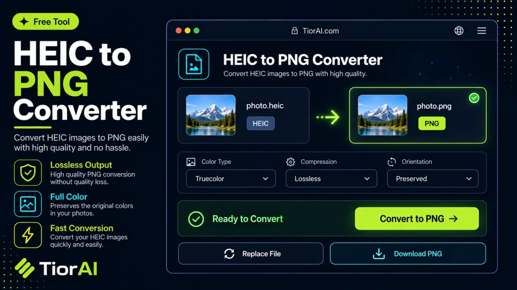 HEIC to PNG Converter free online tool by TiorAI. Convert HEIC images to PNG format